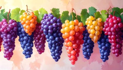 Colorful array of grapes hangs, varying hues, vibrant greens and soft watercolor back creating a lively scene