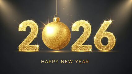 Sparkling Golden Glitter '2026' Text with Christmas Ornament for Happy New Year Greeting Card