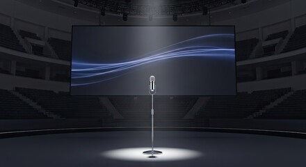 Microphone on Stage with Spotlight and Abstract Background.