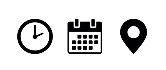 Three simple black icons represent time, calendar, and location on a white background, symbolizing planning and scheduling.