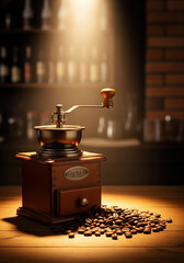 Vintage Wooden And Metal Coffee Grinder With Scattered Beans On Wooden Surface In Warmly Lit Bar Setting Evoking Nostalgic Traditional Coffee Preparatio