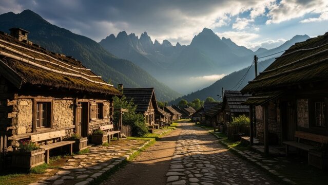 A quaint village scene with rustic buildings, a cobblestone road, and majestic mountains.