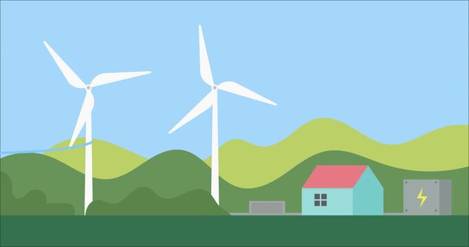 Animation view landscape village with windmill renewable