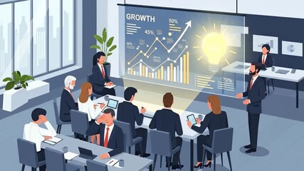Business professionals presenting growth data in modern conference room with digital graphs and charts - Powered by Adobe