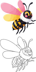 Cute cartoon bee with pink and yellow wings shown in color and as a black and white outline for coloring.