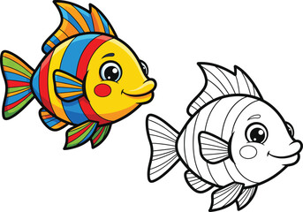 Colorful cartoon tropical fish with bright stripes and a friendly smile shown in full color and as a black and white outline for a coloring book.