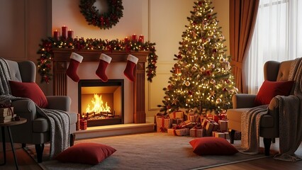 A tranquil and inviting living room decorated for Christmas, featuring a warm fireplace, glowing tree, and festive stockings