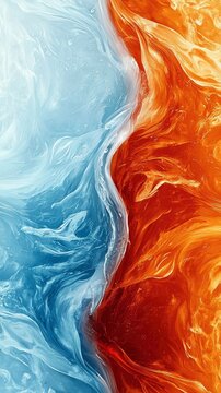 An abstract artwork featuring a split composition of fire and ice elements, with flowing textures and contrasting colors.