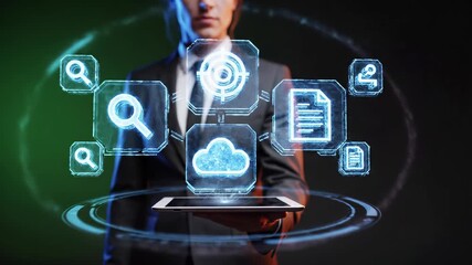 Professional holding tablet with holographic cloud computing interface displaying search icons, document management and security features. Digital technology visualization for data storage, file - Powered by Adobe