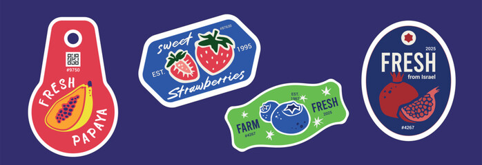 Farm fresh friuts and berries brand labels. Pomegranate and blueberry illustrated vector set