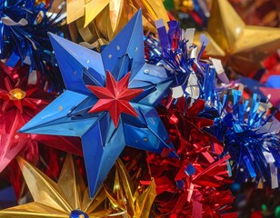 Colorful array of shimmering star ornaments in blue, red, and gold create a festive and bright holiday display