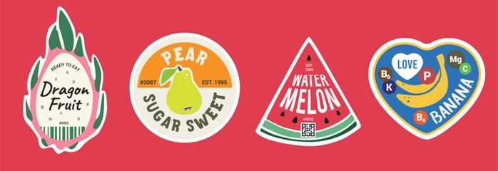 Tropical fruits produce labels. Dragon fruit pear watermelon and banana