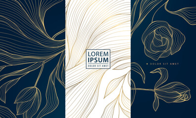 Elegant floral vector background, flower gold line patterns, leaves, oriental ornaments, Chinese, Japanese art. Luxury wedding invitations, spring greeting cards, anniversary posters, vintage royal.