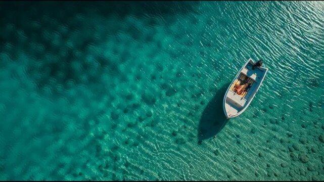 Small boat floating in clear turquoise water aerial view