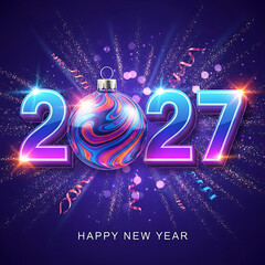 Vibrant 3D '2027' New Year Celebration with Swirling Ornament and Confetti on Dark Blue Background