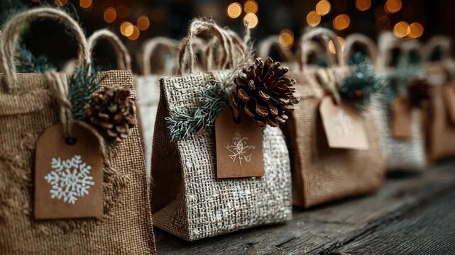 Christmas Advent calendar bags lining up on rustic wood. Featuring handcrafted burlap. Festive pinecone and spruce decorations	