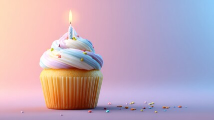 Delicious birthday cupcake with lit candle on vibrant colorful background for festive celebration and joyful party greeting