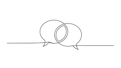 Continuous line art drawing of two overlapping speech bubbles for communication