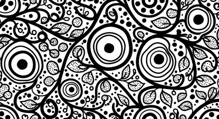 Intricate black and white floral pattern featuring circular shapes and swirling vines