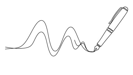 Single continuous line art drawing of a fountain pen creating a wavy ink path