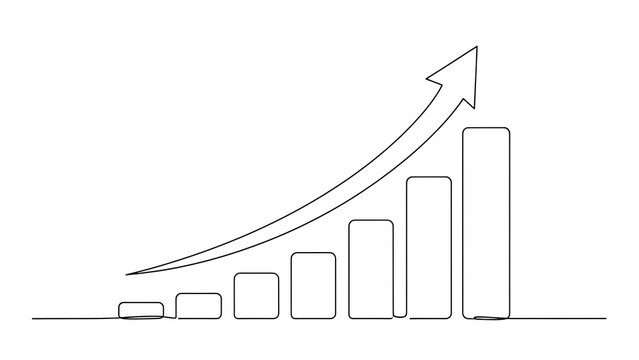 Continuous line art bar chart with an upward arrow signifying success and growth