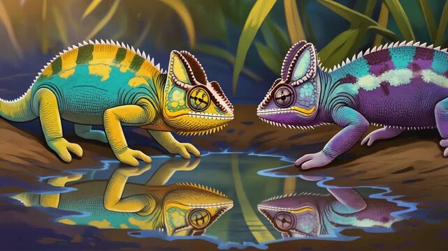 Colorful Cartoon Chameleons Facing Each Other Reflected in Puddle