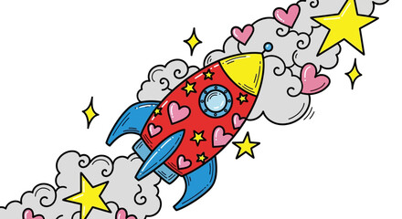 Colorful rocket ship soaring through space, surrounded by hearts and stars, conveying joy