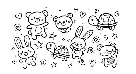 Cute cartoon animals including bears, bunnies, and turtles surrounded by playful hearts and stars