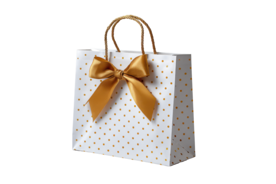 White gift bag with gold polka dots and satin bow on black background image