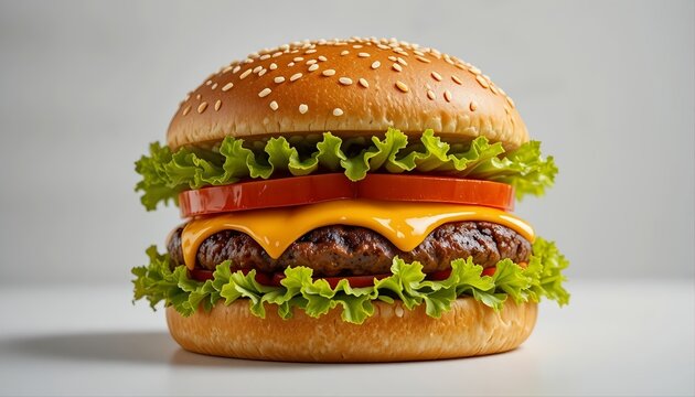 Juicy Beef Burger with Melted Cheese, Lettuce, Tomato, and Sesame Bun - Powered by Adobe
