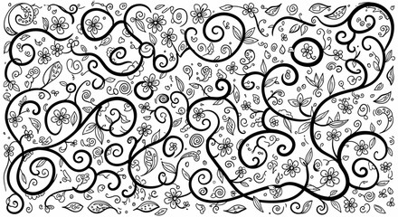 Intricate black and white floral pattern with swirling vines and diverse botanical elements
