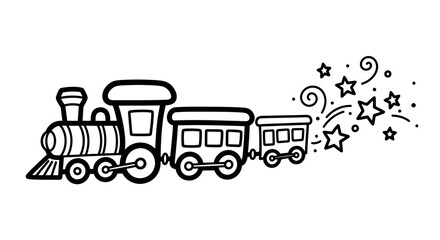 Colorful cartoon train chugging along with whimsical stars and swirls in the background © Apolobay