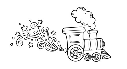A whimsical train emitting colorful swirls and stars, set against a simple background © Apolobay