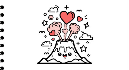 Cute cartoon volcano erupting with hearts and smoke against a whimsical background