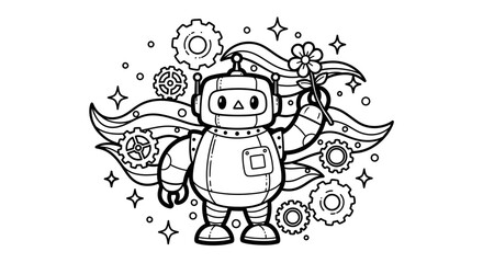 A cheerful robot holding a flower amidst whimsical gears and stars, showcasing creativity