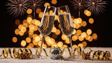 Sparkling Toast Champagne Flutes with Fireworks, and and Festive Lights.