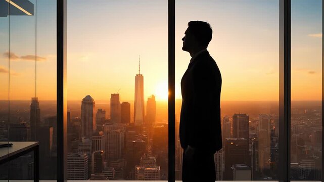 Business professional silhouette at sunset in urban office. Reflective moment enhances motivation and contemplation. Skyline backdrop creates inspiring atmosphere.