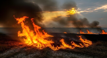Field fire rages with orange flames and thick smoke under a sunset sky