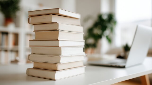 Work place table with stacks of real books on it and modern lap top, pen and textbook lying near on a white background.