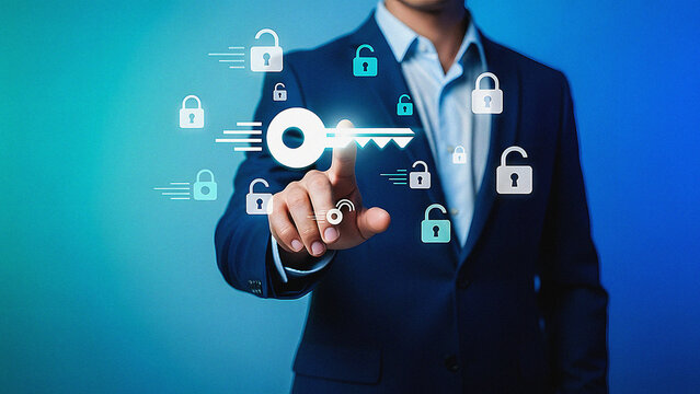 Data Security and Innovation: A sleek, modern digital illustration showcasing a businessman's finger interacting with a virtual key, symbolizing unlocking digital security in the technology industry.