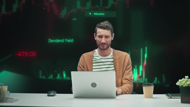 Trader Analyzes Live Stock Charts on His Laptop, Managing Investments, Sipping Coffee in Digital Trading Environment Filled With Candlestick Data Visuals. 360 Degree Tracking Shot - Powered by Adobe