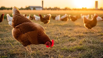 Free-Range Chickens Grazing at Sunset - A Pastoral Scene of Poultry.