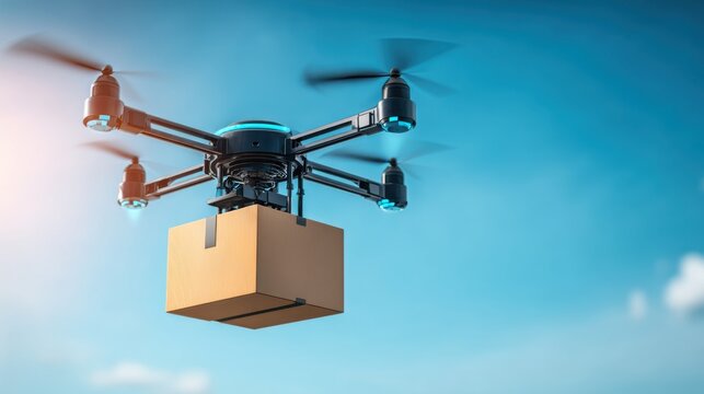 Delivery drone flying through blue sky carrying cardboard package for aerial transport