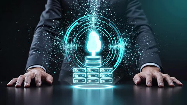 Professional with holographic cloud computing visualization featuring database servers and network infrastructure. Digital technology concept for data storage, cybersecurity and enterprise it