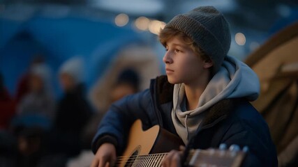 Young musician performing Christmas songs on acoustic guitar inside a shelter, surrounded by volunteers and families — emotional storytelling scene celebrating the healing power of music, empathy,