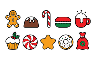 Fototapeta premium Collection of cartoon christmas treats and sweets in a row