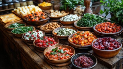 A diverse selection of vibrantly colored, freshly prepared salads presented in rustic wooden bowls. The scene evokes a sense of wholesome, healthy eating and a charming, natural setting.