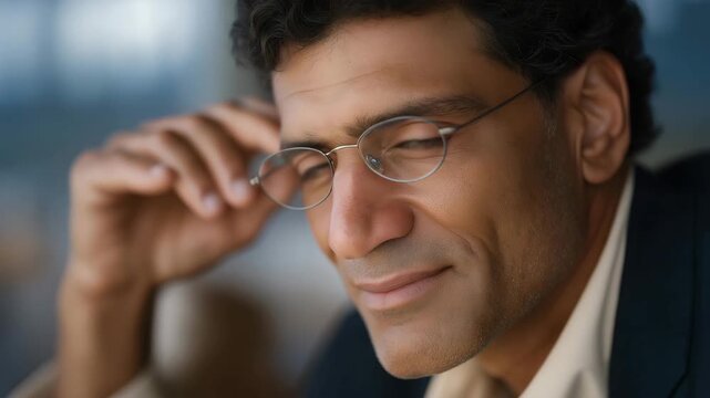 Zoomed-in portrait of art collector wearing glasses, eyes mirroring abstract artwork &mdash; representing appreciation, aesthetic emotion, and the personal attachment between art and human perception in