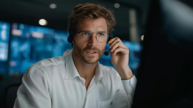 911 emergency call center with advanced AI voice recognition assisting dispatch operators &mdash; futuristic operations room illuminated by digital displays where AI voice assistants transcribe and