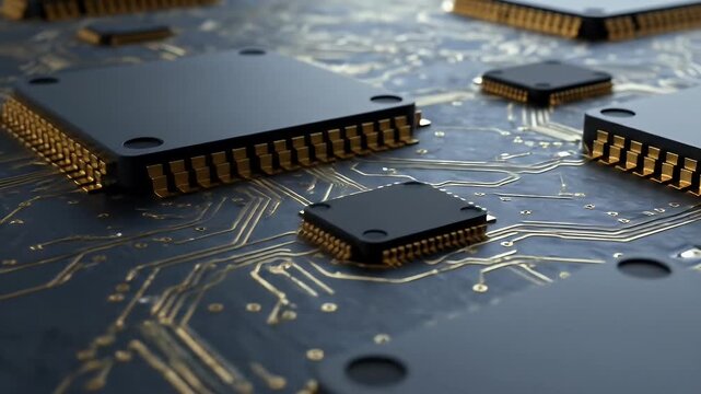 Cinematic Close Up of Gold Circuit Board with Black Processors